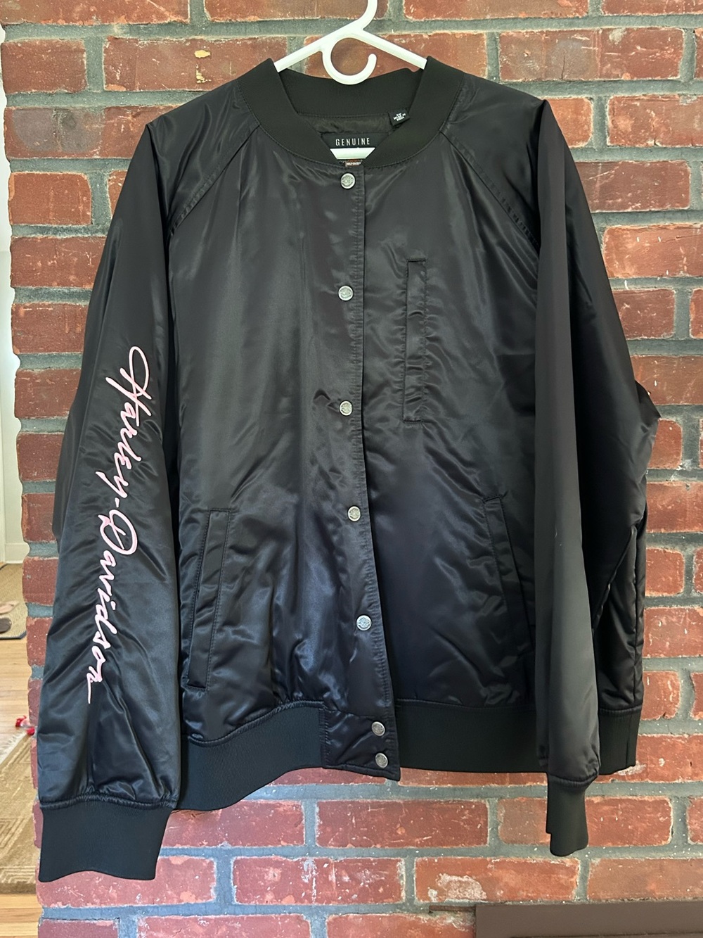 Harley-Davidson Black Satin Bomber Jacket with Script Sleeve